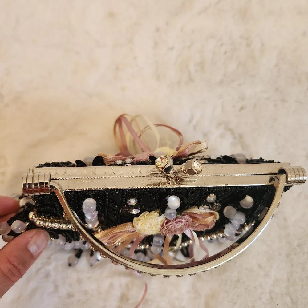 Beaded Handbag Black & White Clutch Purse No Strap